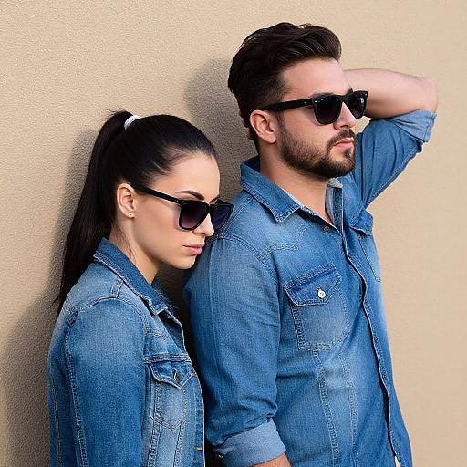 Photograph of a stylish couple in blue denim shirts and black sunglasses, standing against a beige wall. She has long black hair in a ponytail,