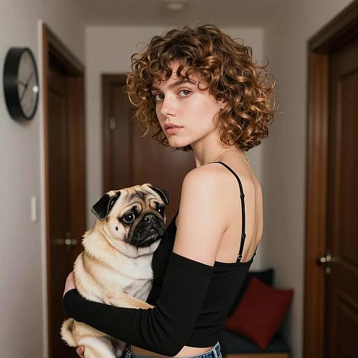 Woman in Dim Hallway with Pug