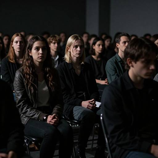 Photograph of a dimly lit fashion show audience, featuring diverse young adults in dark, casual attire, focusing intently on the runway.