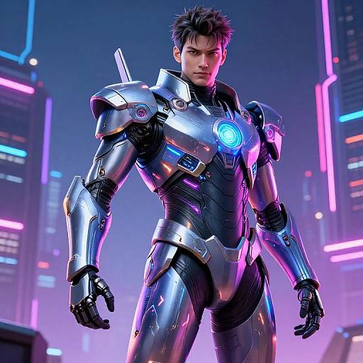 CGI image of a muscular, young man in futuristic, silver and black armored suit with glowing blue chest emblem, standing confidently in a neon-lit