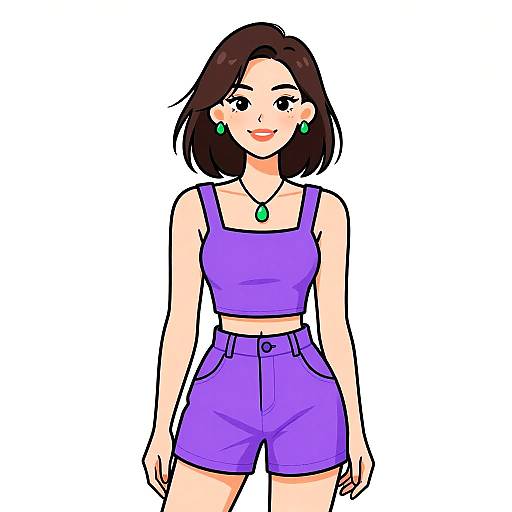 Digital anime-style drawing of a smiling woman with short brown hair, wearing a purple crop top, high-waisted shorts, green earrings, and a