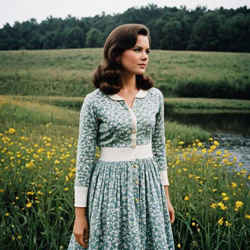 Woman in 1960s Floral Dress in Meadow