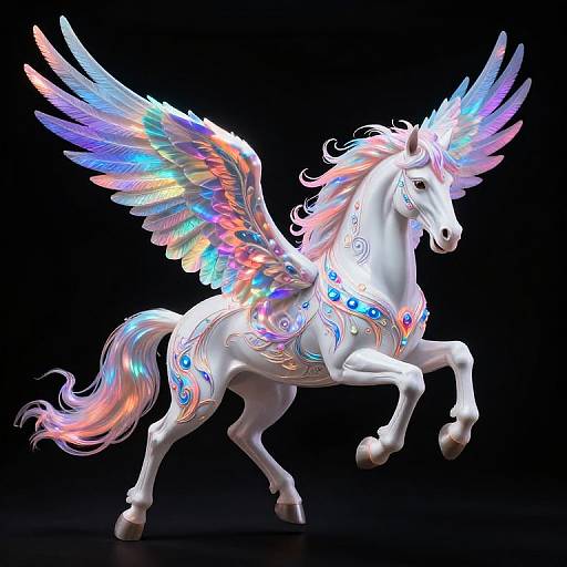 Digital illustration of a mythical white Pegasus with vibrant, multi-colored wings and intricate blue and pink patterns on its body, rearing against a black background