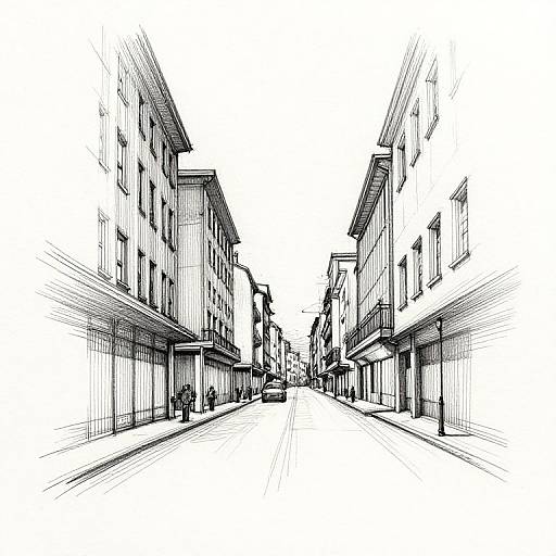 Black-and-white sketch of a narrow, empty urban street with tall buildings on both sides, converging into the distance. Linear, cross-hatched style