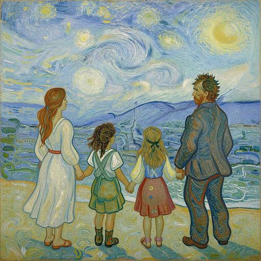 Hippie Family by Ocean in Van Gogh Style