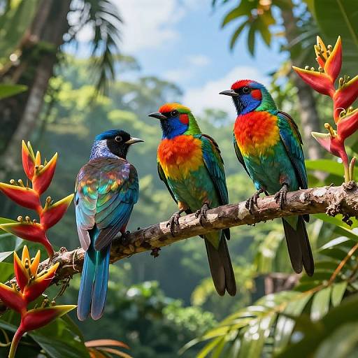 Photograph of three vibrant, colorful birds with red, blue, and yellow feathers perched on a branch in a lush, tropical forest. Bright red