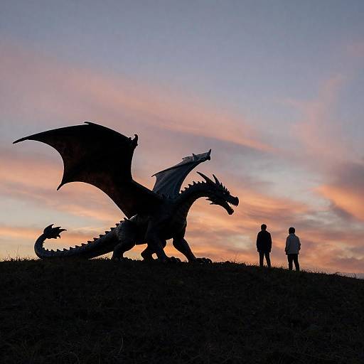 Silhouetted dragon and children at sunset