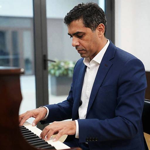 Focused Pianist in a Blue Suit