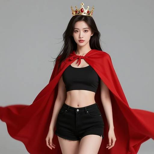 Photograph of an Asian woman with long black hair, wearing a gold crown, red cape, black crop top, and high-waisted black shorts
