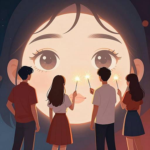 Four People Holding Sparklers in Front of Glowing Face Illustration