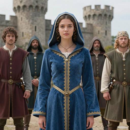 Medieval Noblewoman with Guards at Stone Castle