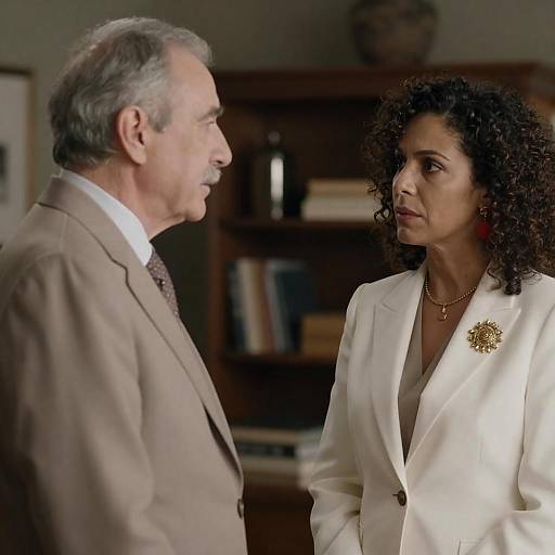 Beige Suit and Brooch: Serious Conversation