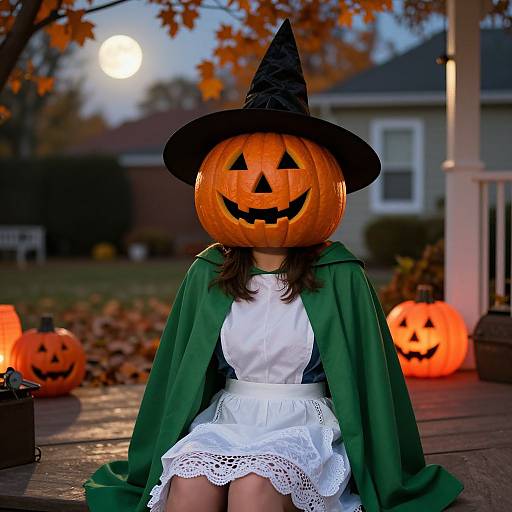 Photograph of a child in a white lace dress, green cape, and witch hat with a carved pumpkin head, sitting on a porch at night,