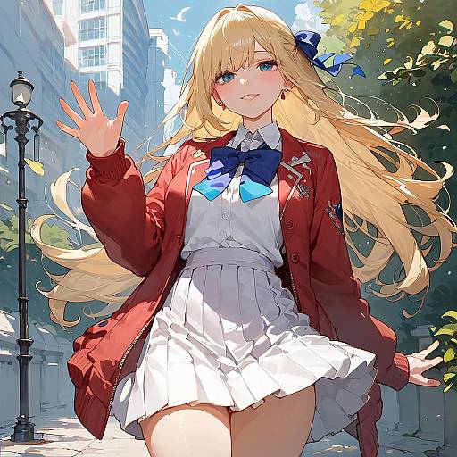 Anime-style digital drawing of a blonde girl with blue eyes, wearing a red jacket, white blouse, blue bow, and white skirt, waving in a