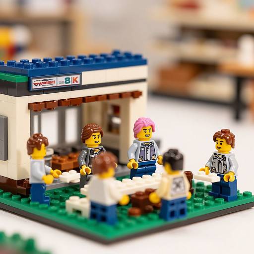 Photograph of colorful LEGO mini-figures in a small, detailed office setting, with five minifigures standing and conversing. The office has