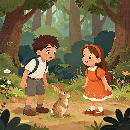 Children Befriend Hare in Magical Forest