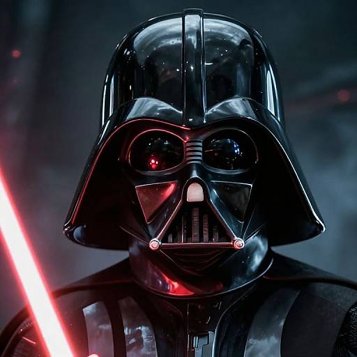Photograph of Darth Vader from Star Wars, wearing his iconic black helmet and chest plate with a glowing red lightsaber, against a dark, smoky