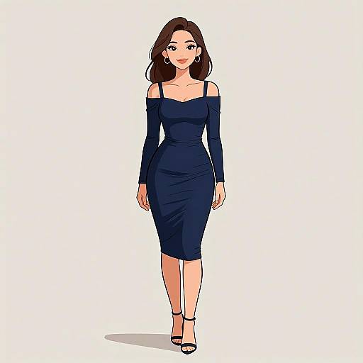 Digital illustration of a smiling woman with medium-length brown hair, wearing an off-shoulder, long-sleeve, dark blue knee-length dress,
