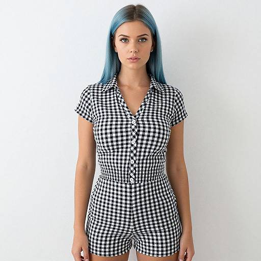 Photograph of a woman with long blue hair, wearing a black and white gingham button-up romper, standing against a plain white background.