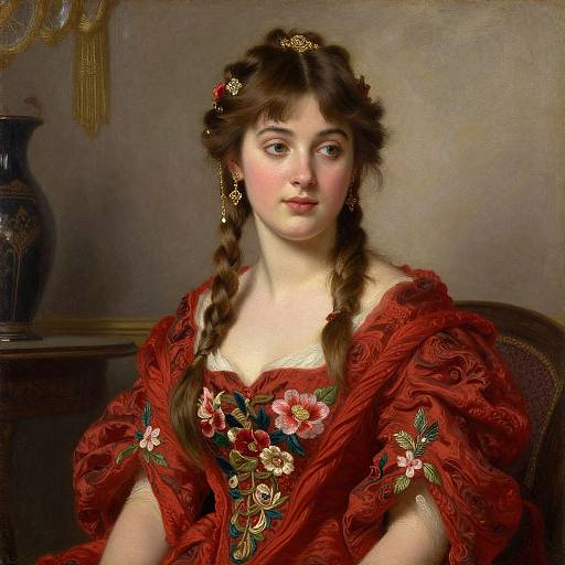 Photorealistic painting of a young woman with fair skin, brown braided hair, red floral dress, gold jewelry, and serene expression.
