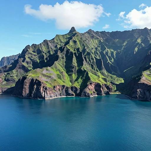 Photograph of rugged, green mountainous coastline with dark cliffs, vibrant green grass, and calm, deep blue ocean under a bright blue sky with white