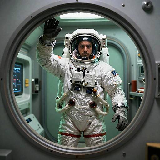 Tense Astronaut Emerging from Airlock