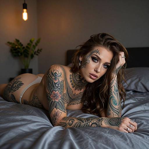 Photograph of a heavily tattooed, brunette woman with blue eyes, lying on a gray bed in white panties, under warm lighting.