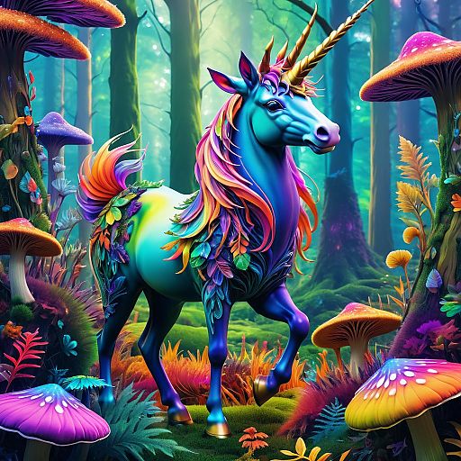 Whimsical Unicorn Amidst Vibrant Fungi Whimsical Unicorn Amidst Vibrant Fungi