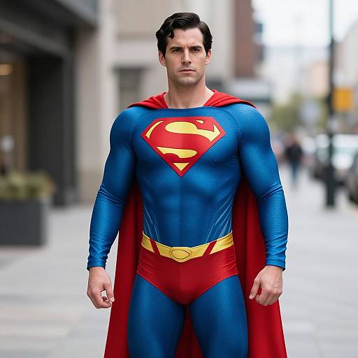 Photograph of a muscular, dark-haired man in a blue Superman costume with red cape, yellow belt, and red 