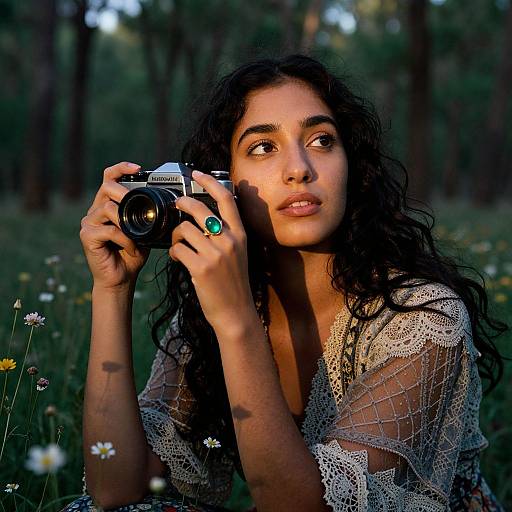 Photograph of a young woman with curly dark hair, brown eyes, and olive skin, holding a vintage camera, wearing a lace top, with a