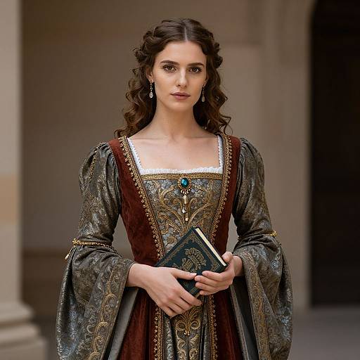 Photograph of a young woman with wavy brown hair, wearing an ornate, medieval-style dress, holding a blue book, standing in a stone