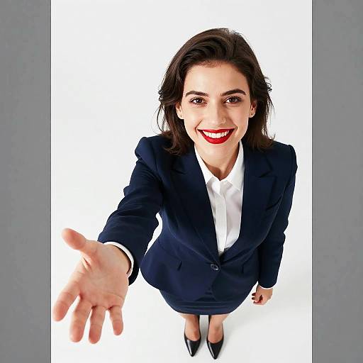 Photograph of smiling woman with dark hair, red lipstick, and black business suit, extending her right hand towards the camera against a white background.