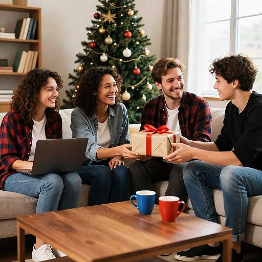 Friends exchanging Christmas gift in living room