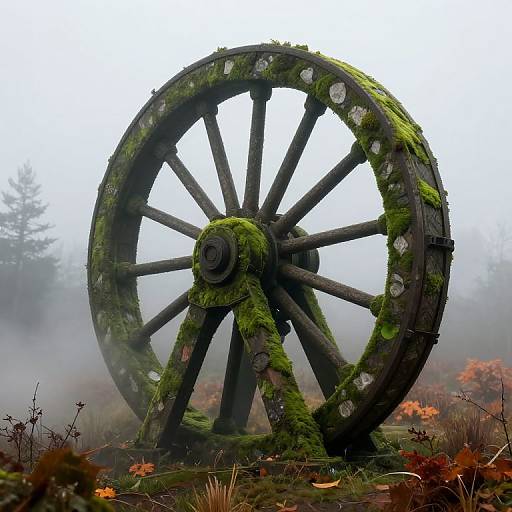 Colossal Moss-Covered Wheel in Mist