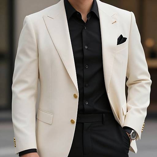 Photograph of a man in a white suit with black shirt, gold buttons, black pocket square, and black trousers, wearing a wristwatch, hands