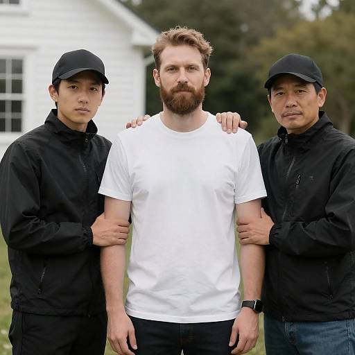 Bearded Man Flanked by Two Outdoors