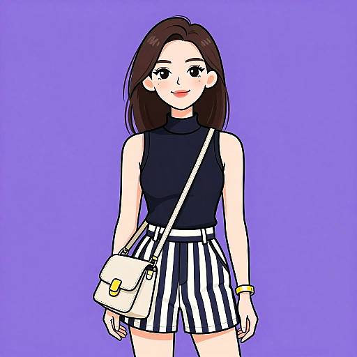 Digital anime-style drawing of a cute young woman with straight brown hair, wearing a black sleeveless top, striped high-waist shorts, white cross