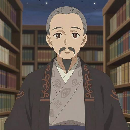 Wise Anime Scholar in Starry Library