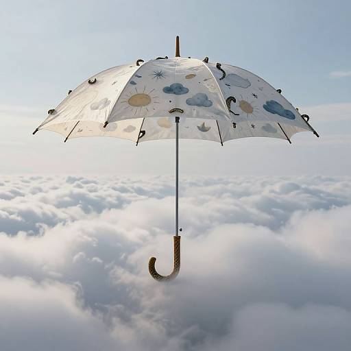 Photograph of a whimsical, white umbrella with cloud and sun patterns, floating above a sea of fluffy clouds against a bright blue sky.