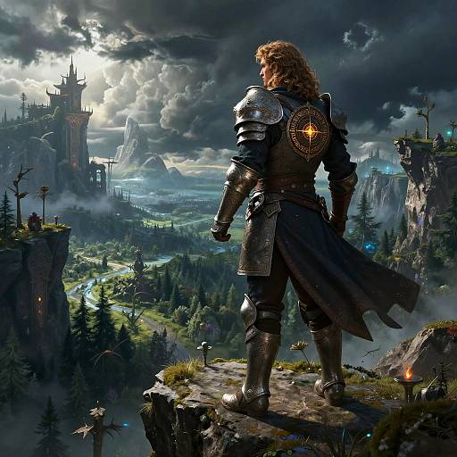 Digital fantasy artwork of a muscular, armored man with long brown hair standing on a cliff, overlooking a dramatic, cloudy sky, and a mystical, castle