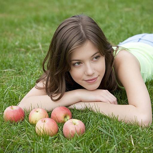 Photograph of a young woman with long brown hair, lying on green grass, smiling, wearing a white sleeveless top, with several red and yellow