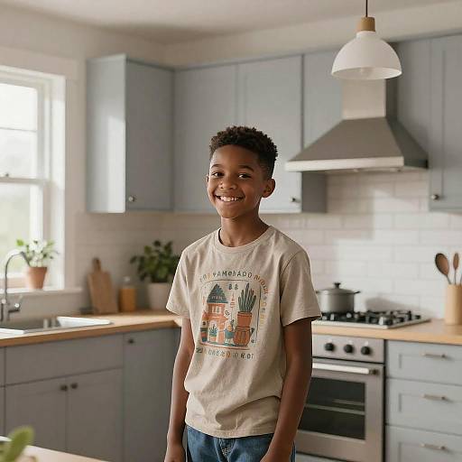 Photograph of a smiling young Black boy in a beige graphic tee and blue jeans, standing in a bright, modern kitchen with gray cabinets and white tiled