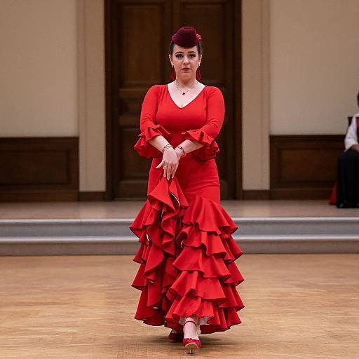 Photograph of a confident woman in a vibrant red, ruffled Flamenco dress, standing on a wooden stage, with dark wooden doors in the background