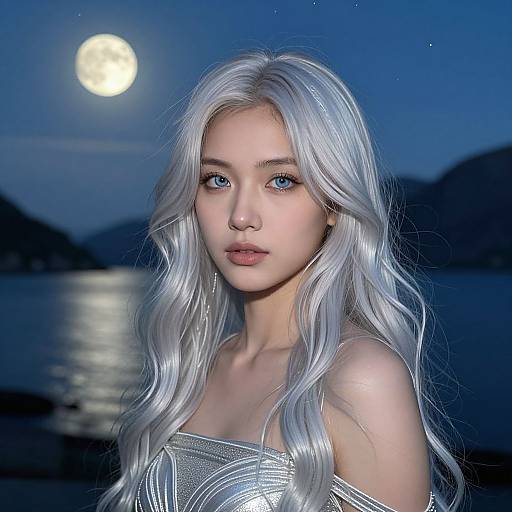Photorealistic digital portrait of a young woman with long, silver hair, blue eyes, and fair skin, wearing an off-shoulder silver top