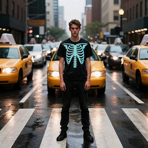 Man in Skeleton Shirt Standing on Rainy City Crosswalk