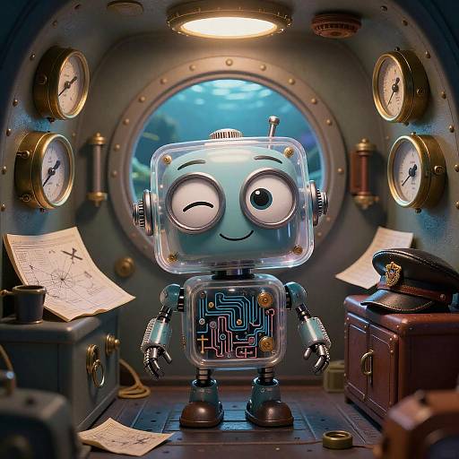 Winking Robot in Retro Submarine Control Room