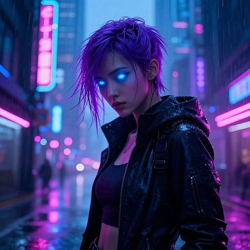 Cyberpunk city night scene: Wet-haired, purple-lit, blue-eyed woman in black leather jacket and crop top stands under neon lights, rain