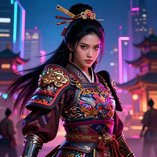 Digital artwork of an Asian woman in ornate samurai armor with vibrant floral patterns, set against a neon-lit, futuristic cityscape. Her black