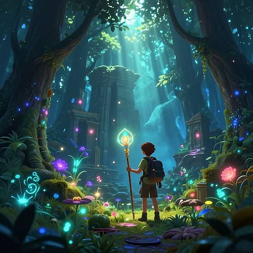 Young Explorer in Mystical Forest