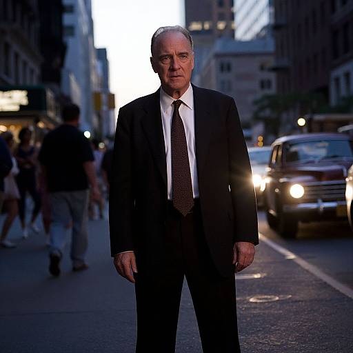 Photograph of an older white man in a black suit and tie standing on a city street at dusk, with blurred pedestrians and a yellow taxi in the